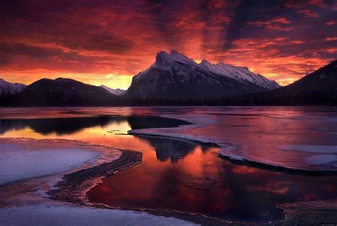 Sunset Scenery Banff National Park Canada Mountains Forest Hd
