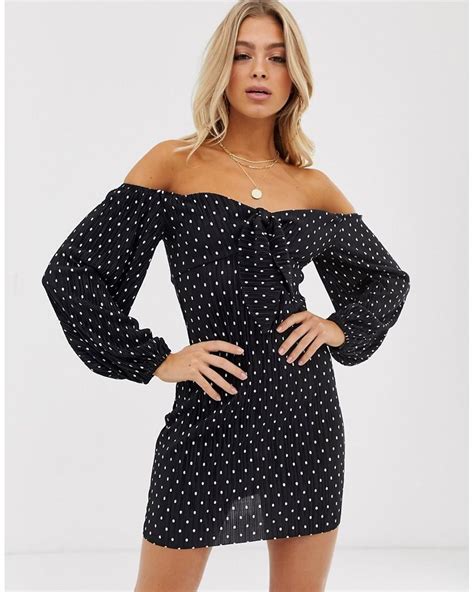 Asos Mini Polka Dot Plisse Dress With Knot Front In Black Lyst