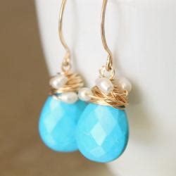 Sleeping Beauty Turquoise Rice Pearl Earrings Wirewrapped Gold Fill