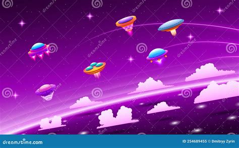 Abstract Aliens On Flying Saucers In Dark Planets Background Gradient