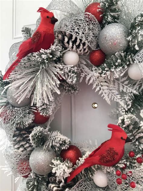 Snow Flocked Pine Christmas Wreath With Cardinals Silver And Red