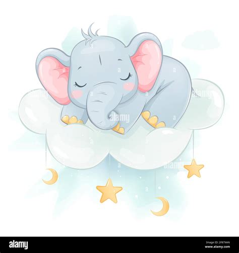 Lindo Elefante Durmiendo En Una Nube Divertido Personaje De Dibujos