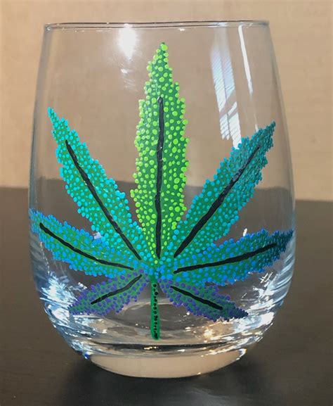 Cannabis Leaf Hand Painted Stemless Wine Glass Etsy