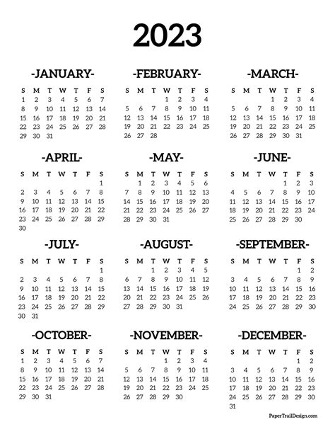 Year At A Glance Calendar 2023 Free Printable
