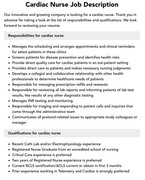 Cardiac Nurse Job Description Velvet Jobs