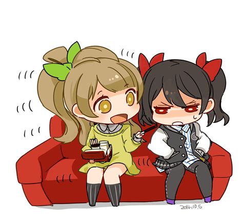 Safebooru 2girls Black Hair Blush Bow Bright Pupils Brown Hair Chibi Couch Dated Hair Bow