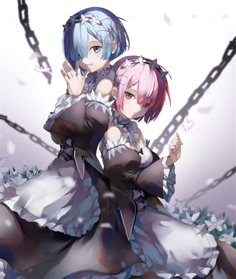 Safebooru 2girls Absurdres Apron Blue Eyes Blue Hair Blush Butterfly Chains Detached Sleeves