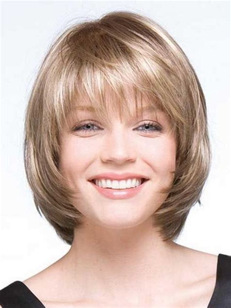 Ask for angled layers around the face, and textured full bangs. 15 Ideas of Short Layered Bob Hairstyles for Round Faces