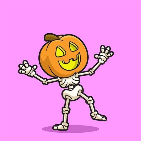 Premium Vector Cute Skeleton With Pumpkin Head Dancing Cartoon Vector