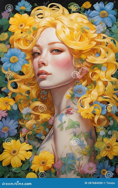 Woman With Yellow Hair And Flowers Painting Stock Illustration