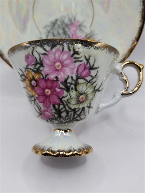 Lusterware Flower Of The Month October Cosmos Tea Cup Saucer Enesco