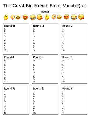 The Great Big French Emoji Vocab Quiz Sheet Teaching