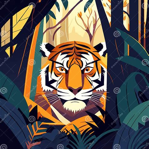 Tiger In The Jungle Vector Illustration In A Flat Style Stock Vector