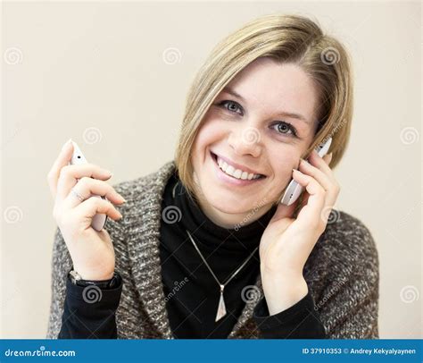 Happy Woman Calling With Two Mobile Phones Stock Image Image Of