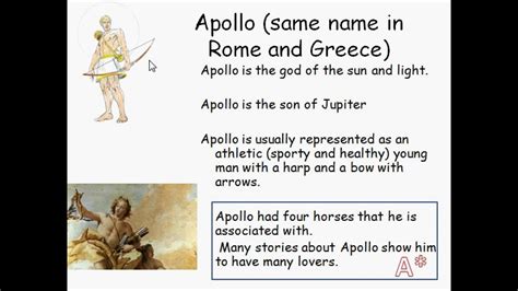 Apollo played many roles in greek mythology, being the god of a range of areas, including healing, archery, music, the arts, sunlight, knowledge, oracles and herds and flocks. Apollo - Roman Gods - YouTube