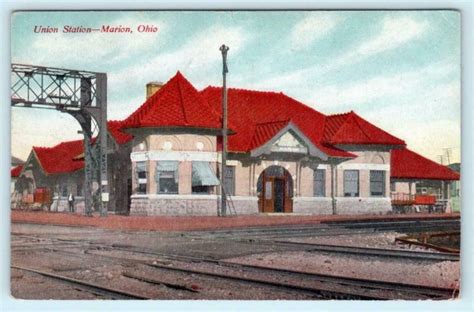 Marion Ohio Oh ~ Union Station Railroad Depot 1910 Postcard United