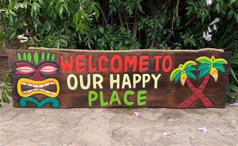 Welcome To Our Happy Place Tropical Wood Sign Hand Carved Home Etsy