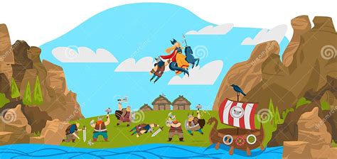 Vikings And Scandinavian Warriors Gods Landscape Funny Cartoon Vector