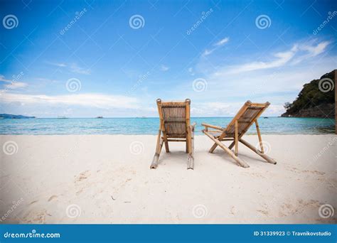 Two Beach Chairs On Perfect Tropical White Sand Stock Image Image Of
