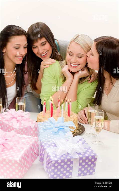 Birthday Party Group Of Woman Celebrate With Cake And Champagne Stock