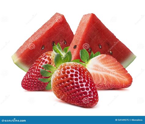 Watermelon Slices And Strawberry Isolated On White Background Stock