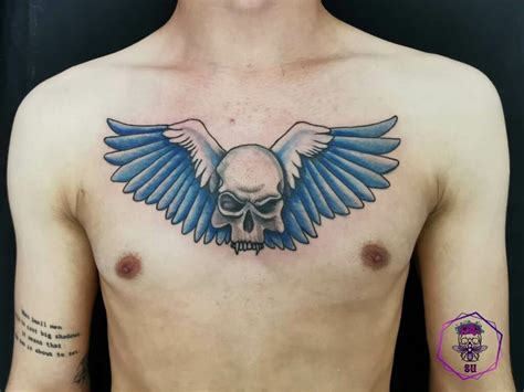 Skull Wings Chest Tattoo