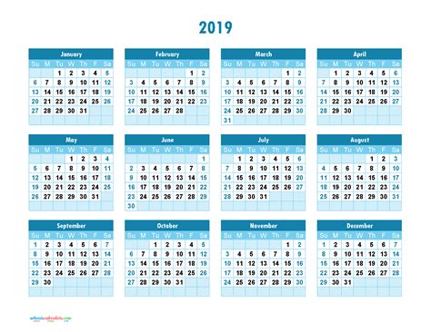 Yearly Calendar 2019 Printable Full Year Calendar 2019 Theme Integral