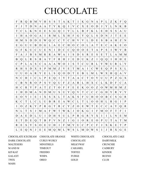 Chocolate Bars Word Search Wordmint