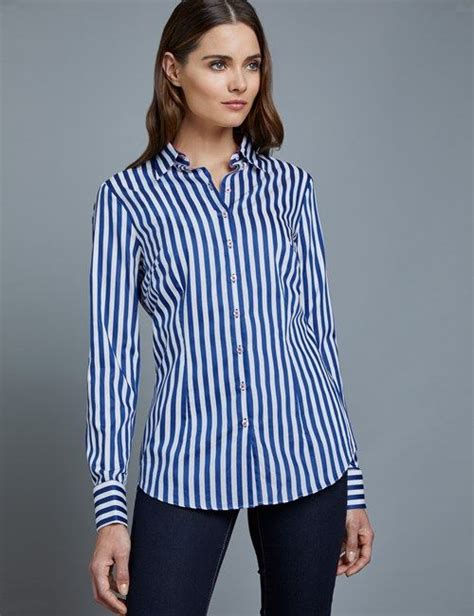 Womens Blue And White Stripe Fitted Shirt Double Cuffs Womens Shirts Women Shirts Blouse