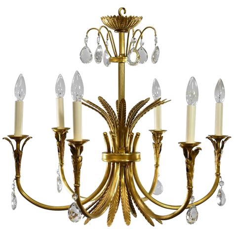 Italian Neoclassic Style Six Arm Brass And Crystal Chandelier For Sale