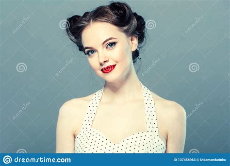 pin up woman portrait beautiful retro female in polka dot dress with red lips stock image