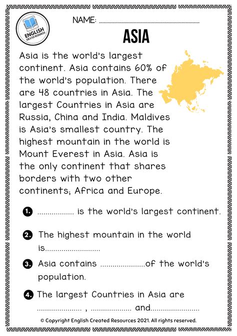 Continents Reading Comprehension English Created Resources