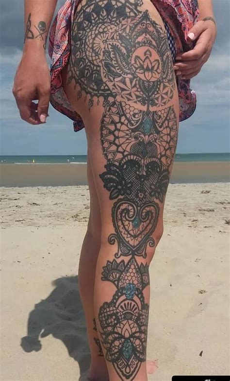 Leg Sleeve Tattoo With Lace Touches 💟 💟 💟 Lace Tattoo