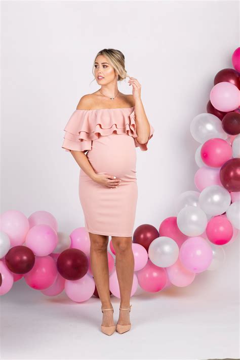 Light Pink Layered Ruffle Off Shoulder Fitted Maternity Dress