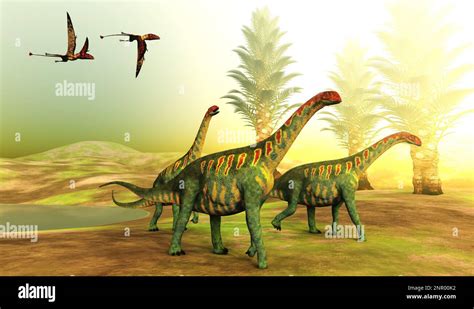 Dimorphodon Pterosaurs Follow A Herd Of Jobaria Sauropod Dinosaurs