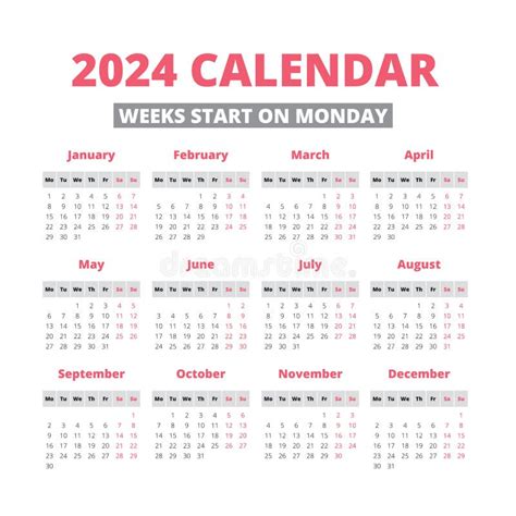 Calendario 2024 Anni Modello Planner Illustrazione Vettoriale Griglia