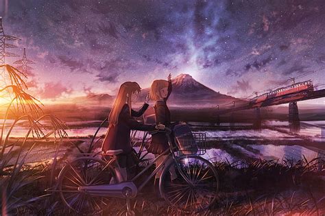HD Wallpaper Anime Original Bike Girl Starry Sky Sunset Wallpaper Flare