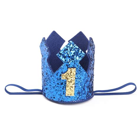 Blue Gold Boy First Birthday Hat Glitter Princess Crown No 1st 2 3