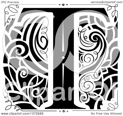 Clipart Of A Black And White Vintage Letter T Monogram Royalty Free