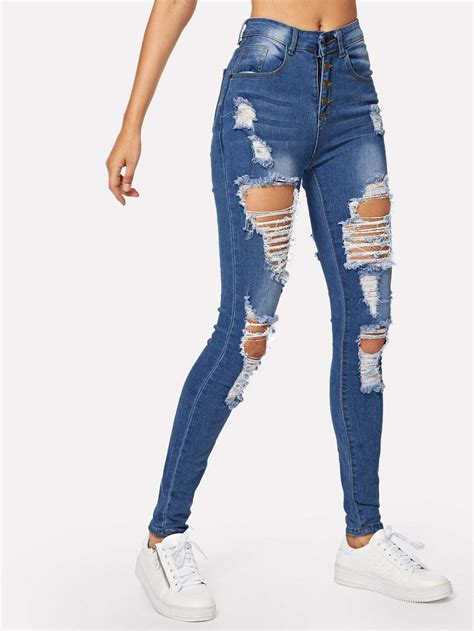 Ripped Faded Wash Button Fly Skinny Jeans Marvy Bae Cute Ripped Jeans Lässigen Jeans Casual