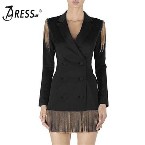 INDRESSME Sexy Deep V Notched Women Blazers Fashion Solid Black Full