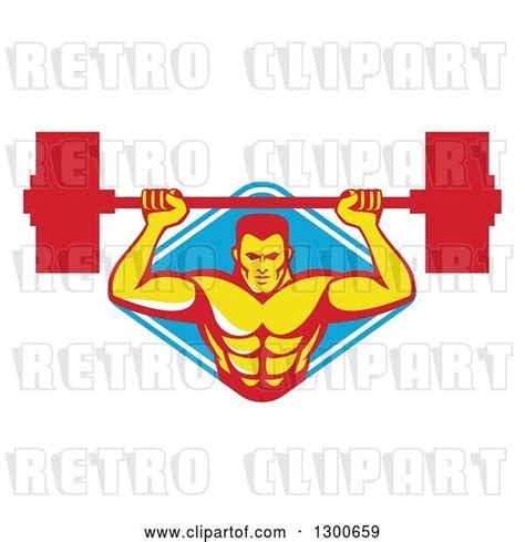 Vector Clip Art Of Retro Male Bodybuilder Lifting A Barbell And