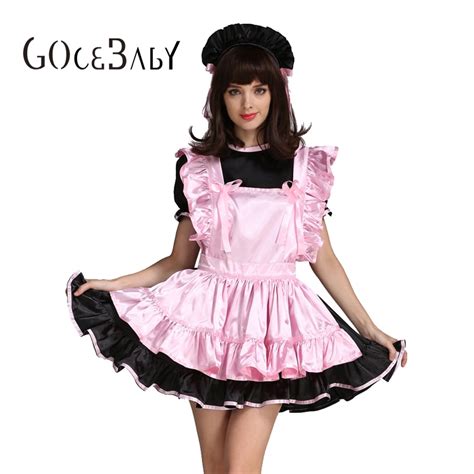 Forced Sissy Girl Maid Pink Black Satin Dress Uniform Costume Crossdressing Cosplay Costume On