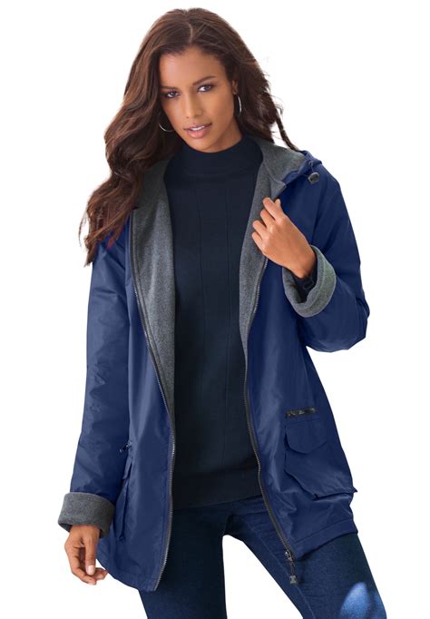 Roamans Womens Plus Size Hooded Jacket With Fleece Lining Rain Water
