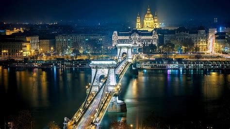 The Beautiful Chain Bridge In Bidapest Night River City Lights