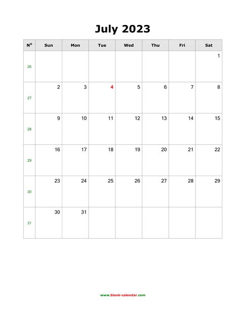Download July 2023 Blank Calendar Vertical