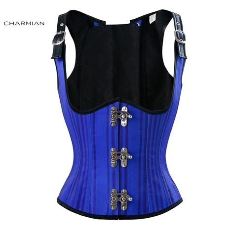 Charmian Womens Steampunk Underbust Corset Sexy Blue Striped Steel
