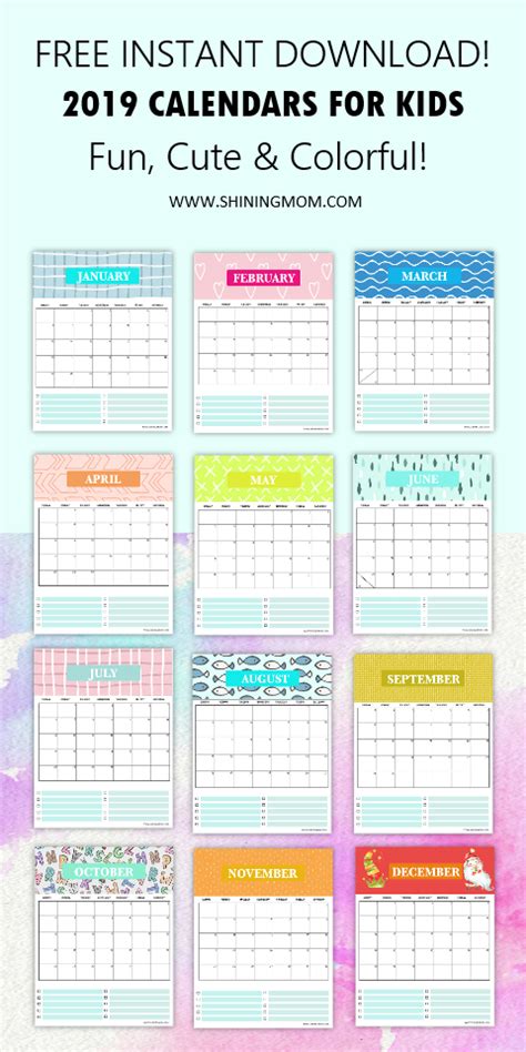 There are many more different templates available in various formats (excel, word, images, editable pdf). 2019 Free Printable Calendar for Kids: Fun, Cute, Colorful!