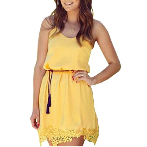 Yellow Summer Women Tropical Dress Strap Lace Sleeveless Mini Slim