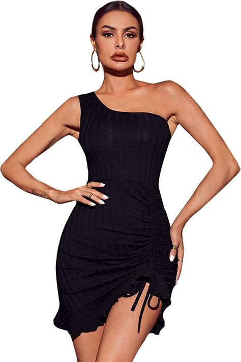 Shein Womens One Shoulder Ruched Mini Bodycon Dress